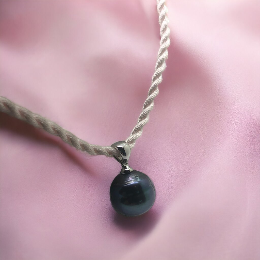 Honora Silver Black Ringed Fresh Water Pearl With Silk Cord Necklace